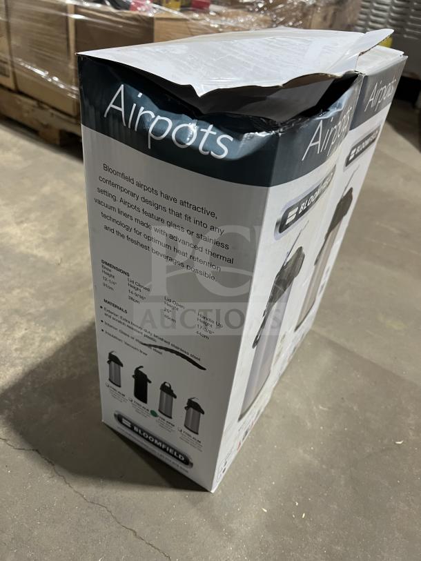 Bloomfield 7760-ALM stainless steel airpot in original box. New condition, features vacuum liner, advanced thermal tech.