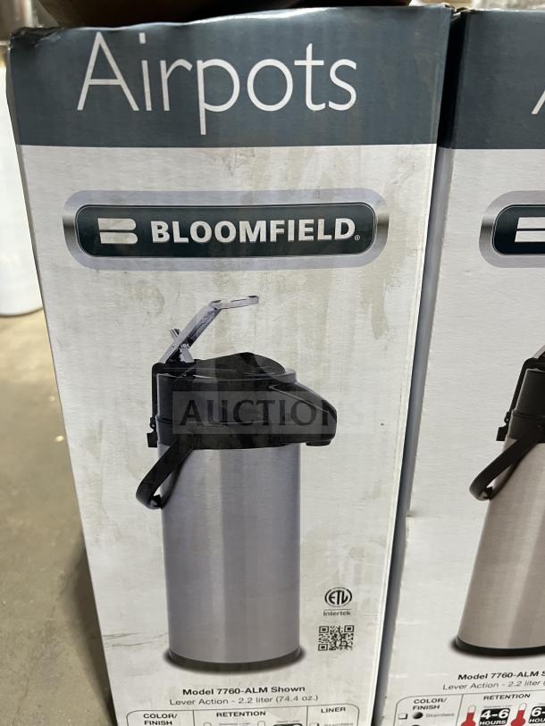 Bloomfield 7760-ALM Stainless Steel Airpot, new in box. Features 2.2-liter capacity, lever action, and commercial-grade quality.