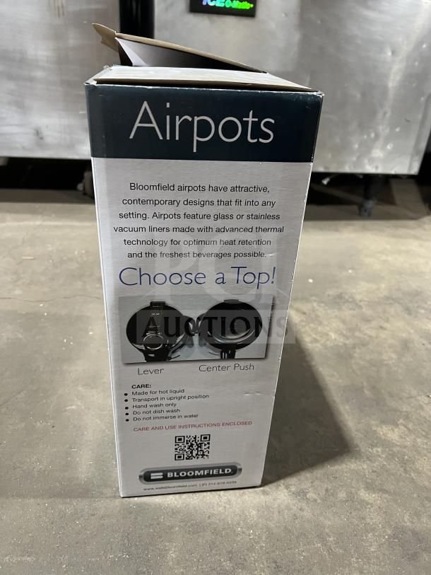 Brand new Bloomfield 7760-ALM stainless steel beverage airpot in box. Features glass or stainless liner for heat retention.
