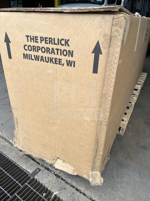 New Perlick 4-door bar back refrigerator in box. Features stainless steel worktop, wired rack. Model BBS108RFYSSH1.