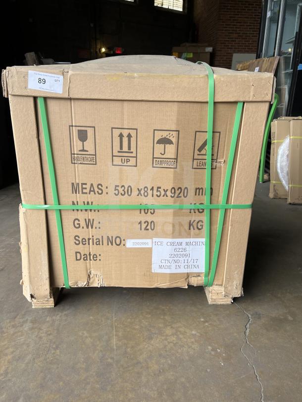 Boxed Commercial Soft Serve Ice Cream Machine, Model 6226, new condition. Labels show "Handle with Care" and serial number 2202091.