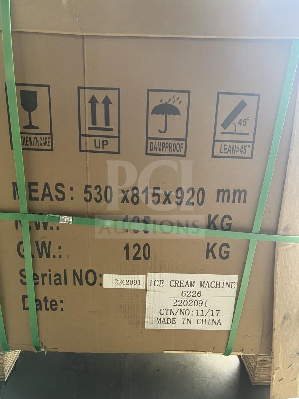 Brand new commercial countertop soft serve ice cream machine, Model 6226, boxed. Dimensions: 530x815x920 mm. Made in China.
