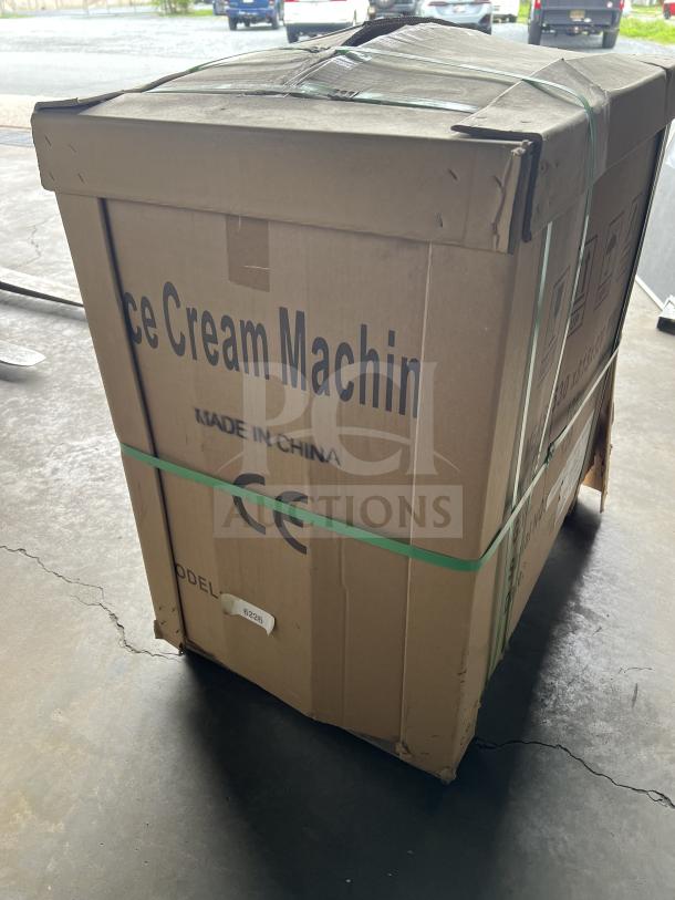 Brand new Model 6226 commercial soft serve ice cream machine in original box, marked "Made in China," "CE," condition excellent.