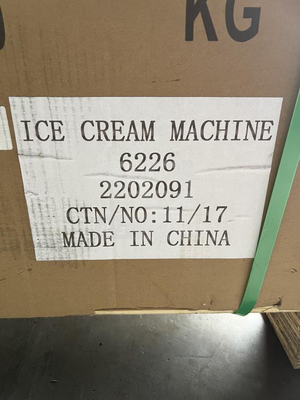 Brand new Model 6226 soft serve ice cream machine in box; label shows model number and "Made in China."