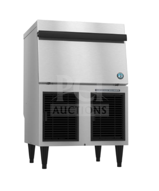 Brand new Hoshizaki F-330BAJ-C stainless steel ice machine with built-in storage, model F330BAJC, on legs, 115V.