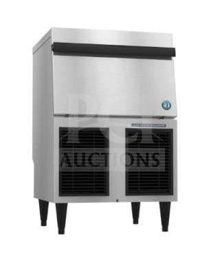 Brand new Hoshizaki F-330BAJ-C stainless steel ice machine with built-in storage, model F330BAJC, on legs, 115V.