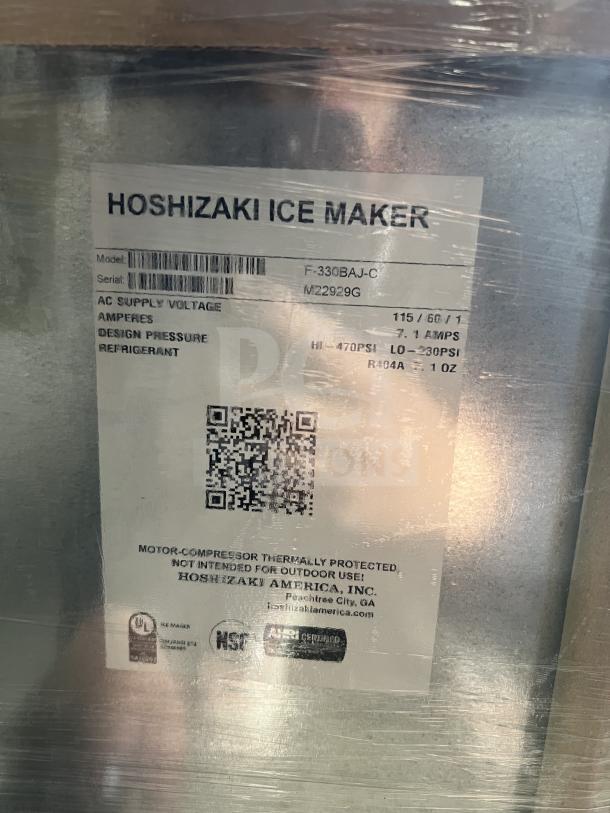 Hoshizaki F-330BAJ-C ice maker label showing model, serial number M2292G, 115V, 1 phase, with certifications.