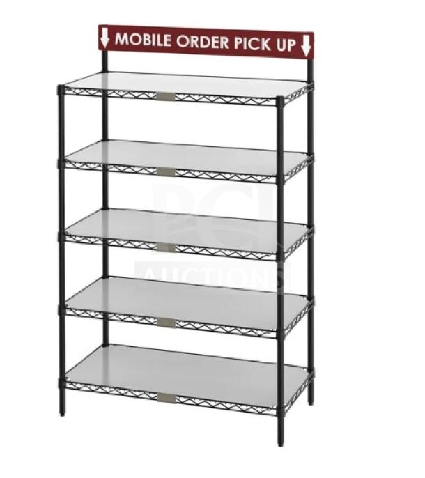 Brand new Metro CR1836TGSR 36" stainless steel wire shelving, leg-mounted, for mobile order pick-up station.