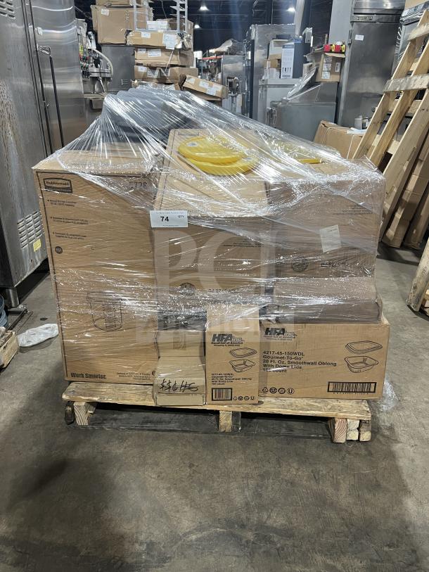 Mixed pallet with Adcraft condiment dispensers, HFA food containers, Rubbermaid storage items, shrink-wrapped, new condition.