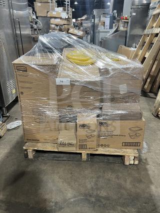 Mixed pallet with Adcraft condiment dispensers, HFA food containers, Rubbermaid storage items, shrink-wrapped, new condition.