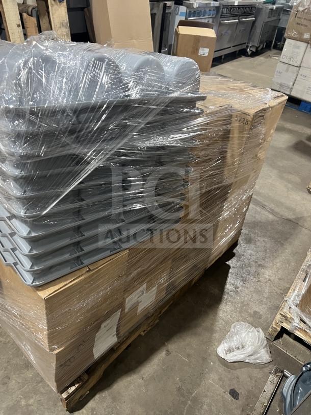 Mixed pallet of new commercial kitchen supplies including Adcraft dispensers, Rubbermaid storage containers, and more, in original boxes.