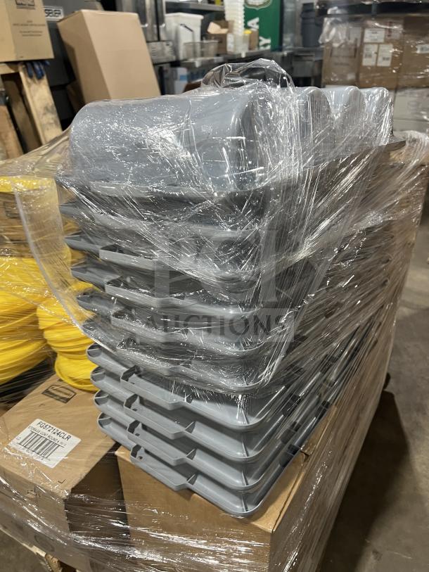 Stack of gray Rubbermaid 4-compartment cutlery boxes, shrink-wrapped on a pallet with yellow lids and labeled boxes.