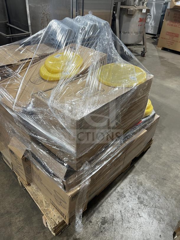 Pallet with boxes of Adcraft condiment dispensers, HFA food containers, and Rubbermaid sweep brooms, wrapped in plastic.