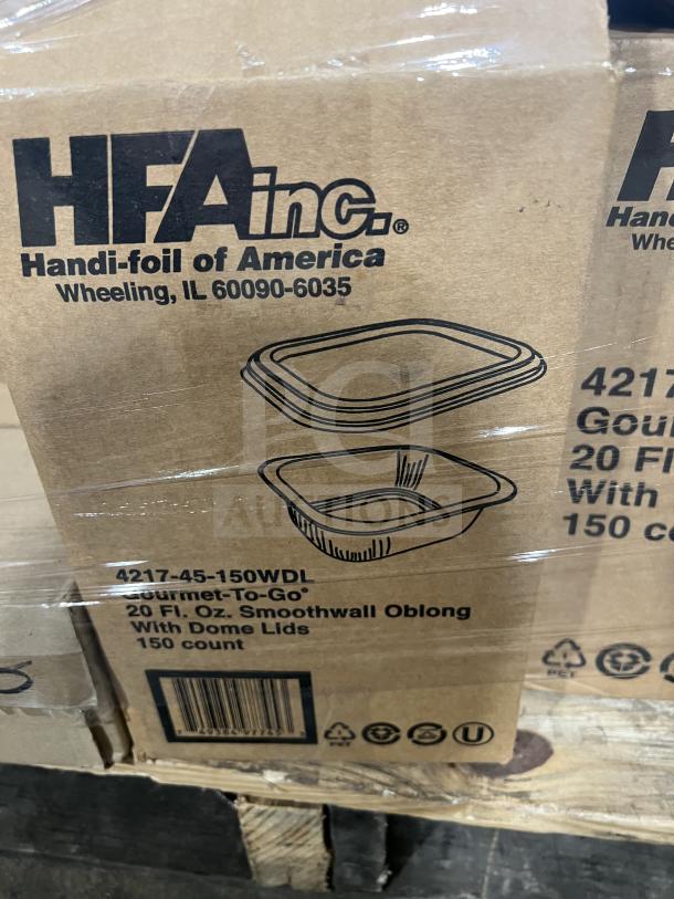 Mixed pallet of new commercial kitchen items, featuring Adcraft 4-compartment condiment dispensers and HFA 20 oz food containers with dome lids.