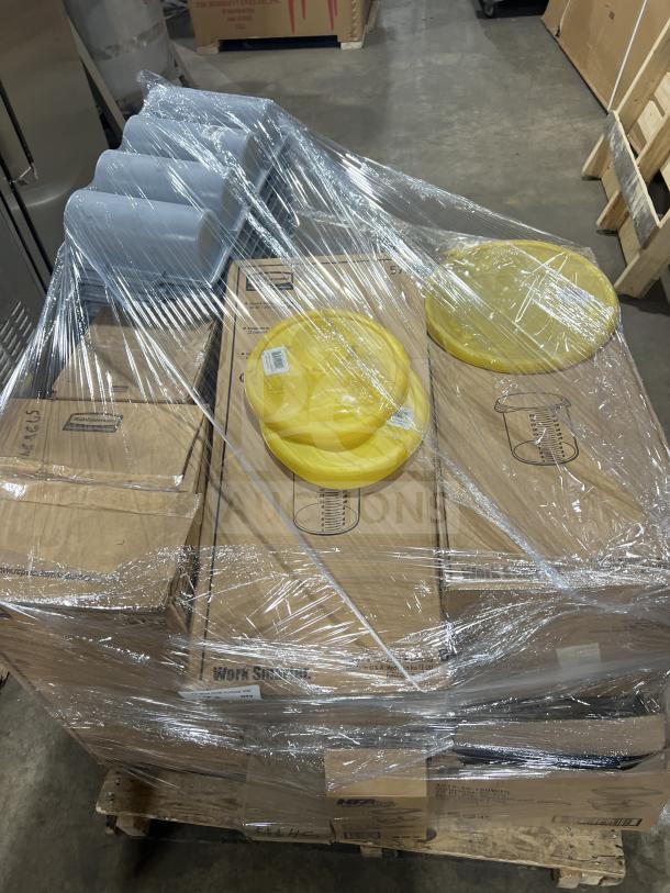 Wrapped pallet with boxes of Adcraft condiment dispensers, HFA food containers, Rubbermaid storage and cleaning items. Brand new.