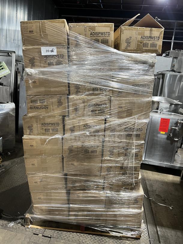 Full pallet of Service Ideas ADISPWSTD white hand sanitizer dispensers with floor stands. Brand new in boxes.