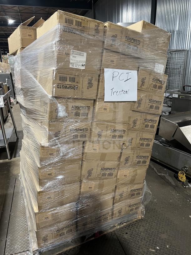 Full pallet of Service Ideas ADISPWSTD white hand sanitizer dispensers with floor stands. New, 60 boxes per pallet.