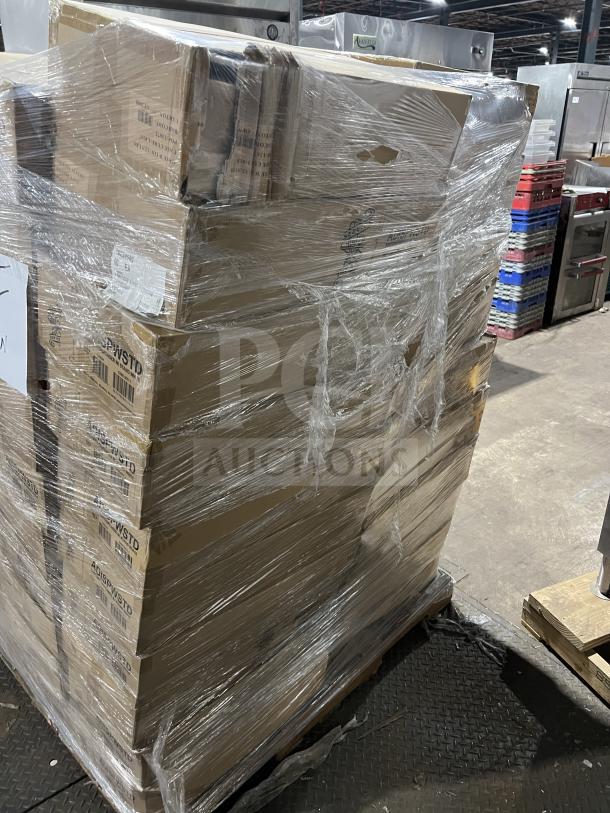 Brand new full pallet of Service Ideas ADISPWSTD white hand sanitizer dispensers with floor stands, in original boxes.