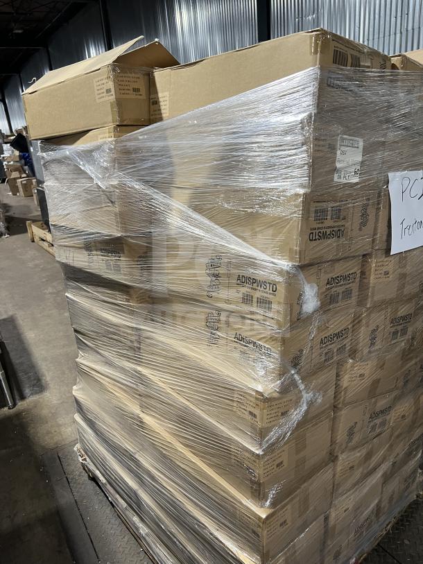 Full pallet of new Service Ideas ADISPWSTD commercial hand sanitizer dispensers with floor stands, boxed and shrink-wrapped.