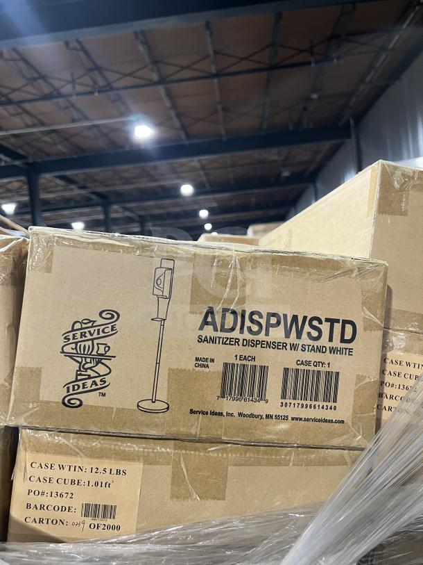 Brand new Service Ideas ADISPWSTD white sanitizer dispensers on full pallet with floor stands. Model: ADISPWSTD, made in China.