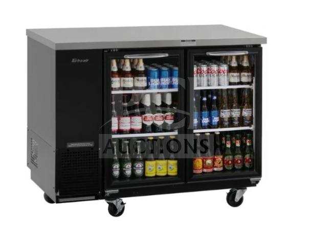 Brand new Turbo Air 2-glass door bar cooler, black, stainless steel worktop, Model TBB-24-48SGD-N, 110-120V, 1 Phase.