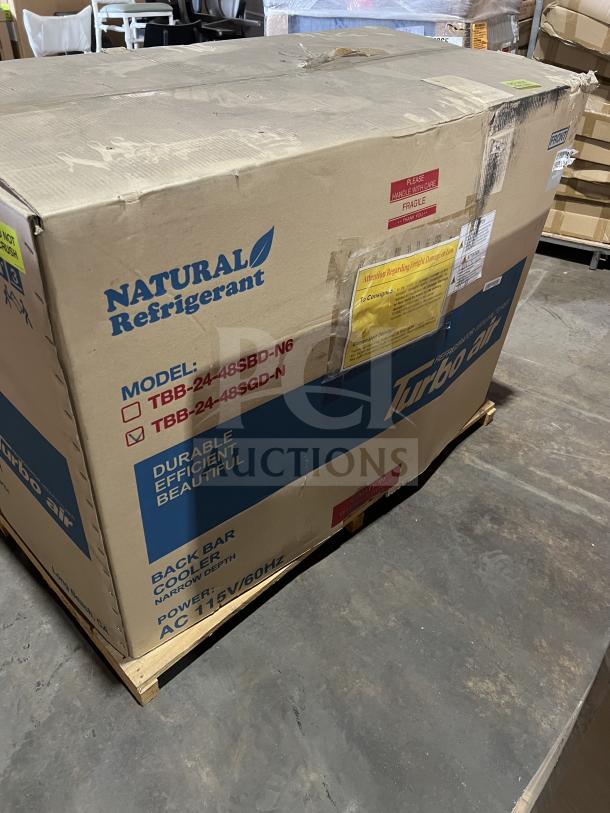 Brand new Turbo Air TBB2448SGDN commercial cooler, 2-glass door, stainless steel worktop, original box, model TBB-24-48SGD-N.