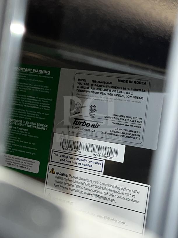 Turbo Air TBB-24-48SGD-N commercial cooler label with model, voltage, and warning details. Brand new, stainless steel top.