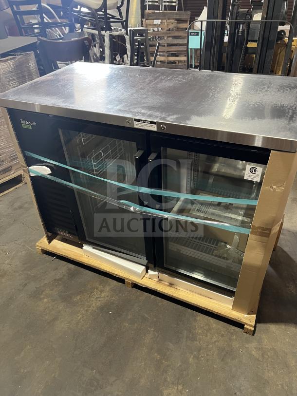 Brand new Turbo Air TBB2448SGDN bar back cooler with 2 glass doors, stainless steel worktop. Model TBB-24-48SGD-N, SN: H2NB48GGY008.