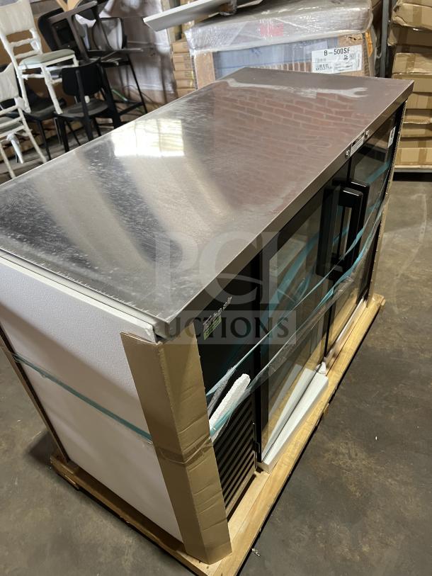 Brand new Turbo Air TBB-24-48SGD-N cooler, black with two glass doors, stainless steel worktop, packaged in box.