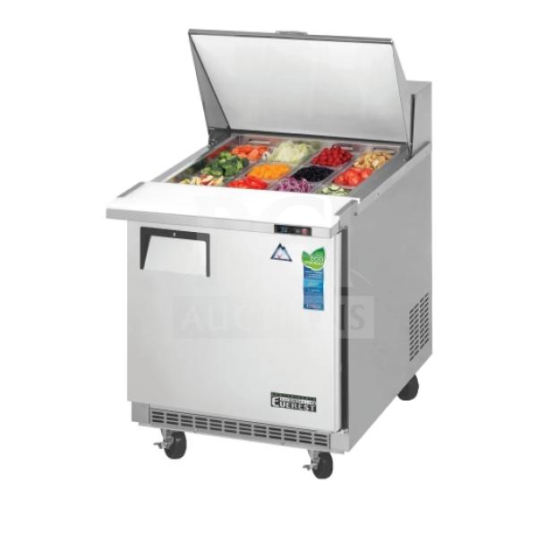 Everest EPB Series stainless steel mega top sandwich/salad prep table, model EPBR1, with food pans, refrigerated base, and casters.