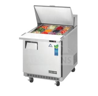Everest EPB Series stainless steel mega top sandwich/salad prep table, model EPBR1, with food pans, refrigerated base, and casters.