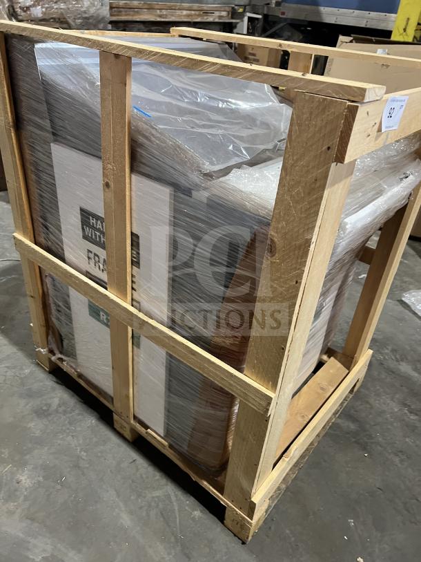 Everest EPBR1 commercial bain marie prep table, new in box, with refrigerated base and food pans, 115V, on casters.