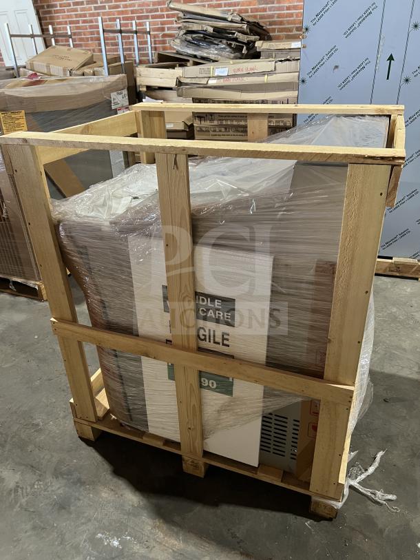 Everest EPBR1 stainless steel prep table in original packaging, with refrigerated base, food pans, and casters. Model EPBR1, 115V.