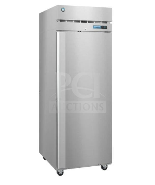 Brand new Hoshizaki F1A-FS commercial stainless steel one-door reach-in freezer with wired racks, 115V, SN: M53952B.