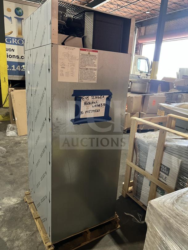 Brand new Hoshizaki F1A-FS stainless steel one-door reach-in freezer with wired racks, model number M53952B, 115V 1 Phase.