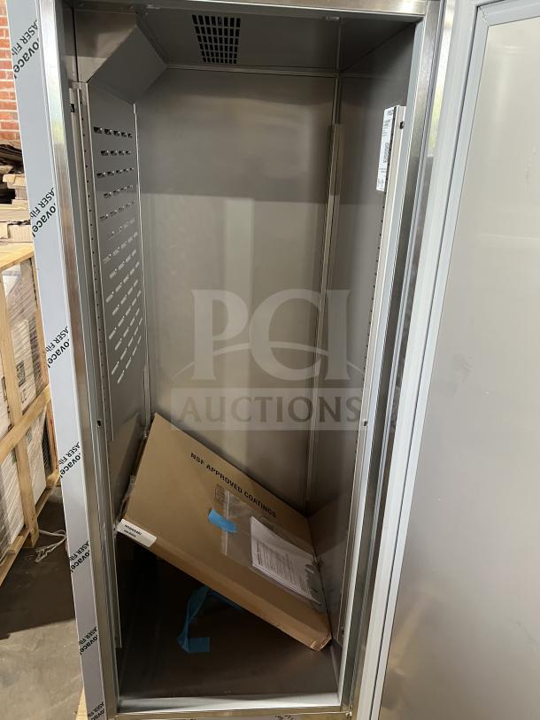 Brand new Hoshizaki F1A-FS commercial stainless steel one-door reach-in freezer with wired racks, 115V, 1 phase.