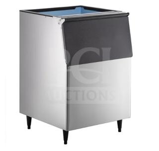 Brand new Hoshizaki B500SF stainless steel 30" ice storage bin on legs, pristine condition, model B-500SF, SN: M55375H.