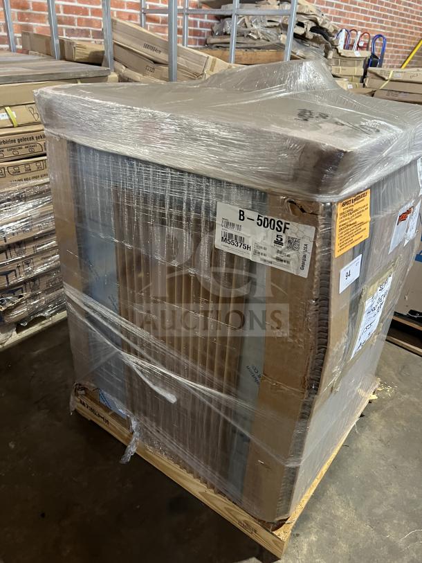 Brand new Hoshizaki B500SF stainless steel ice storage bin in box on legs. Serial number M55375H visible on label.