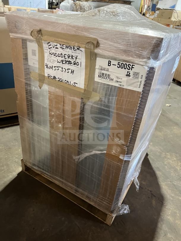 Brand new Hoshizaki B-500SF 30" ice storage bin in box, stainless steel, on legs, serial M55375H, labeled for shipping.