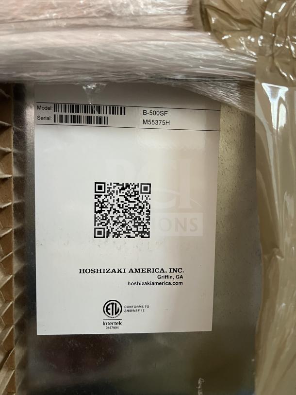 Hoshizaki B-500SF stainless steel ice storage bin, model B-500SF, SN M55375H. Brand new in box, on legs.