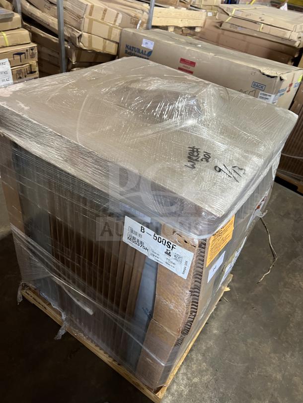 Brand new Hoshizaki 30" stainless steel ice storage bin, model B-500SF, in original packaging on a pallet. Serial number: M55375H.