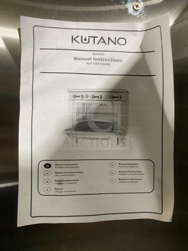Kutano 6-Burner Range/Oven, Model KUT-6-BR-N-36-N6. Stainless steel, natural gas, new with scratches and dents. Manual shown.