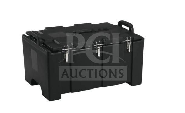 Brand new Cambro Camcarrier 100MPC black top-loading insulated food pan carrier. Sturdy construction with secure latches.