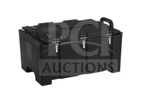 Brand new Cambro Camcarrier 100MPC black top-loading insulated food pan carrier. Sturdy construction with secure latches.