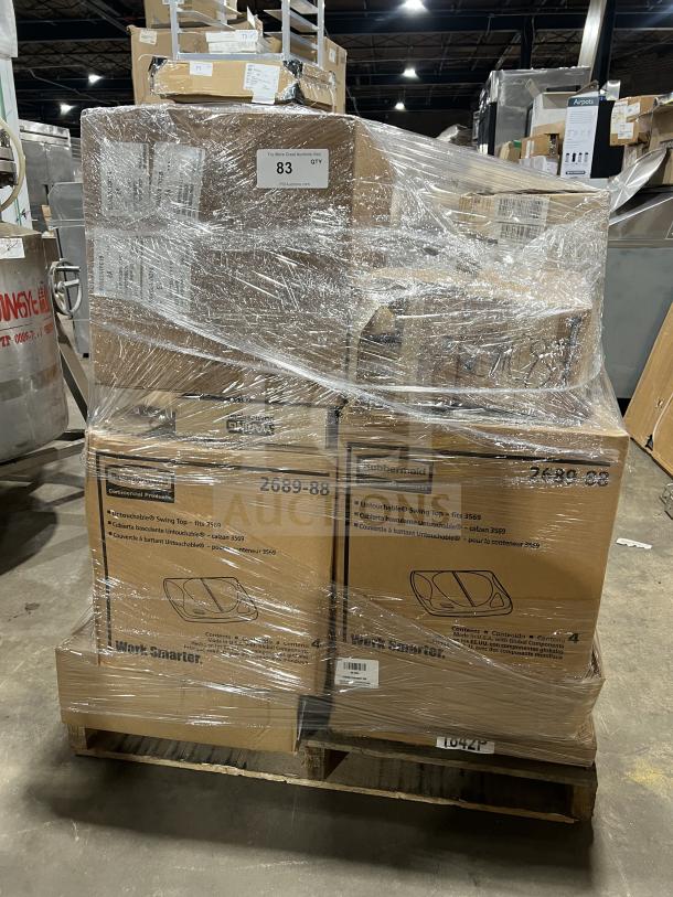 Pallet of assorted Waring commercial vacuum bags, jars, blenders, Adcraft condiment dispensers, and more, wrapped in plastic.