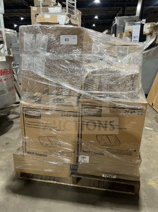 Pallet of assorted Waring commercial vacuum bags, jars, blenders, Adcraft condiment dispensers, and more, wrapped in plastic.