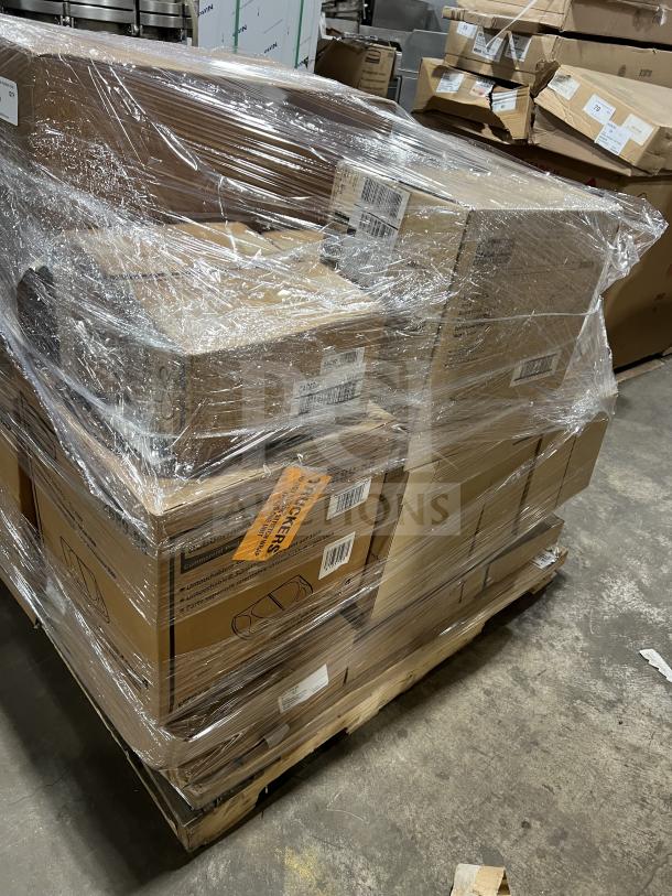 Mixed pallet with new Waring Commercial vacuum bags, copolyester jars, blenders, Adcraft condiment dispensers, wire shelves, and cup dispensers, shrink-wrapped on wooden pallet.