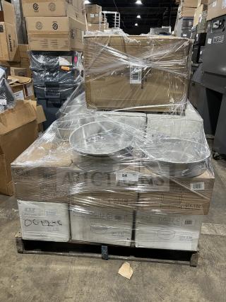 Brand new mixed pallet with boxes of OC-12-C onion soup crocks, HAR-75-3 Hartford mugs, REC-11 fruit dishes, PNS-14 platters. Wrapped and labeled.