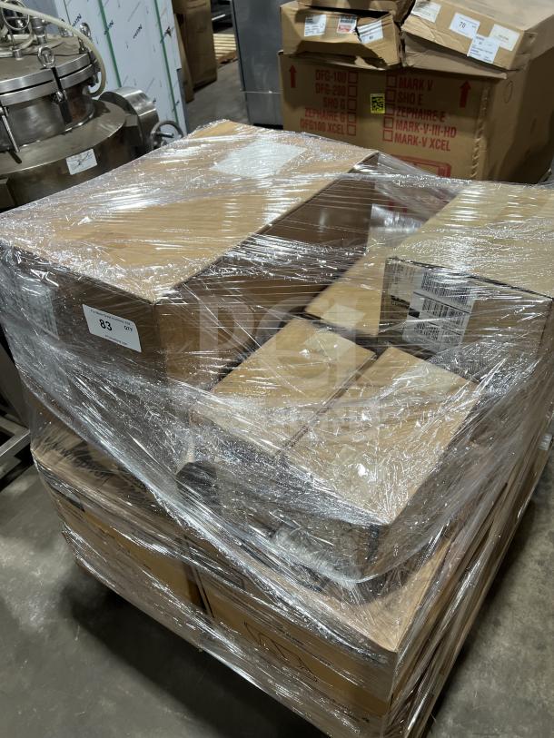 Brand new mixed pallet with boxed commercial items: 5" onion soup crocks, mugs, fruit dishes, platters, cake pans. Models: OC-12-C, HAR-75-3, REC-11, PNS-14.