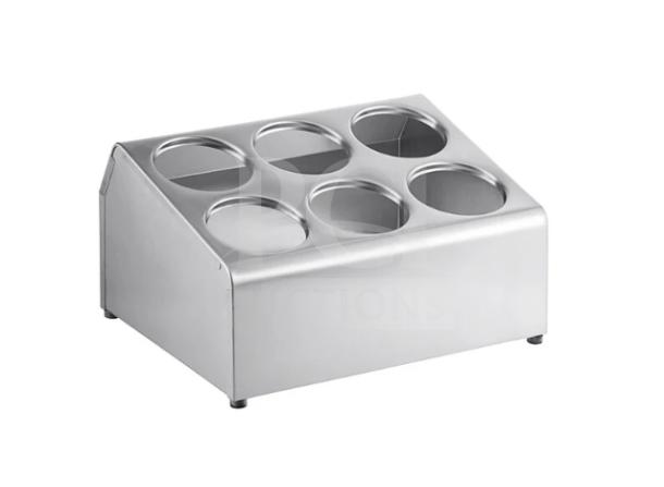 TableCraft Commercial Stainless Steel 6-Hole Flatware Cylinder Holder, Model 70621, brand new condition.